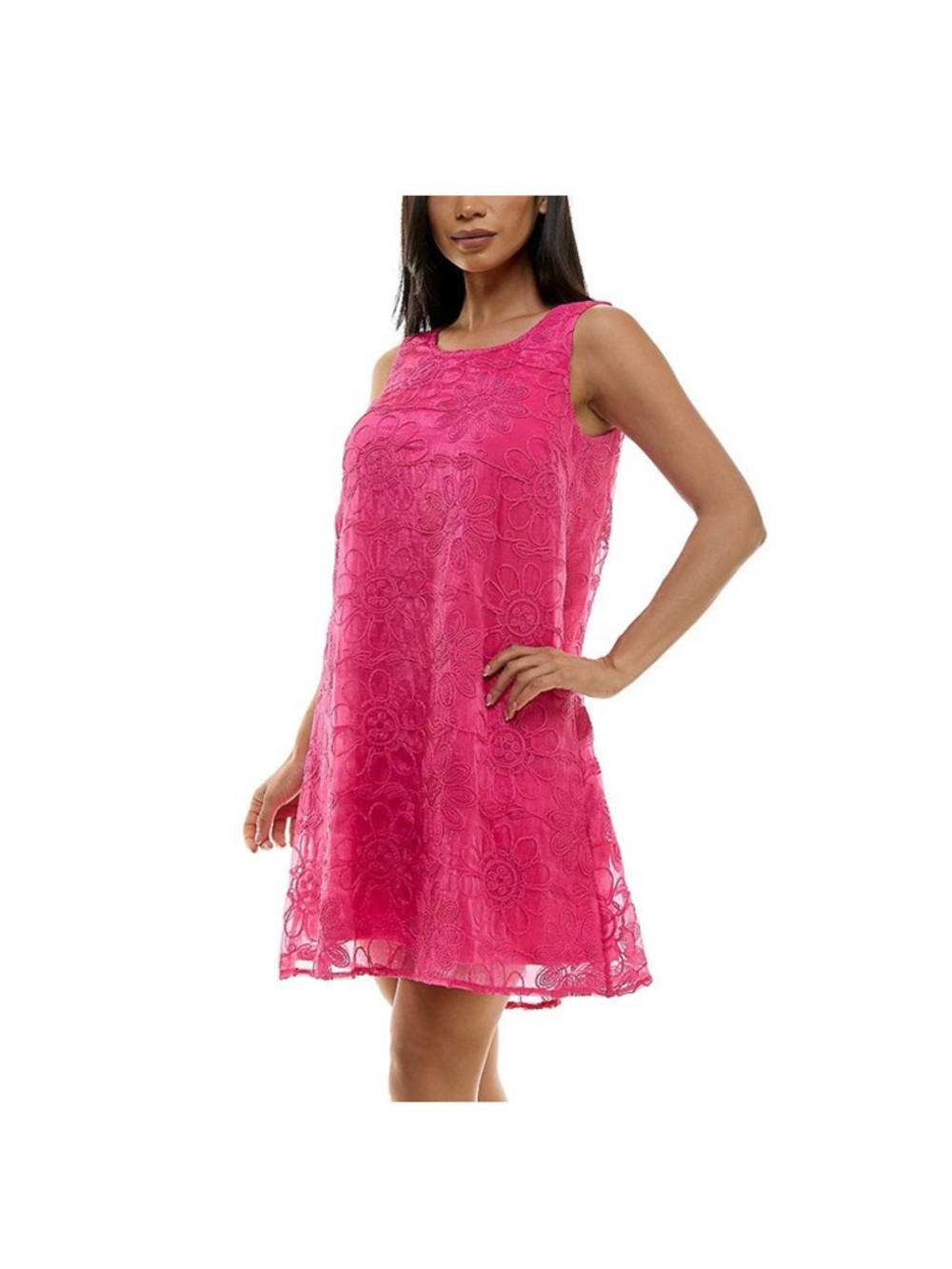 Nina Leonard Hot Pink Floral Lace Sleeveless A-Line Dress